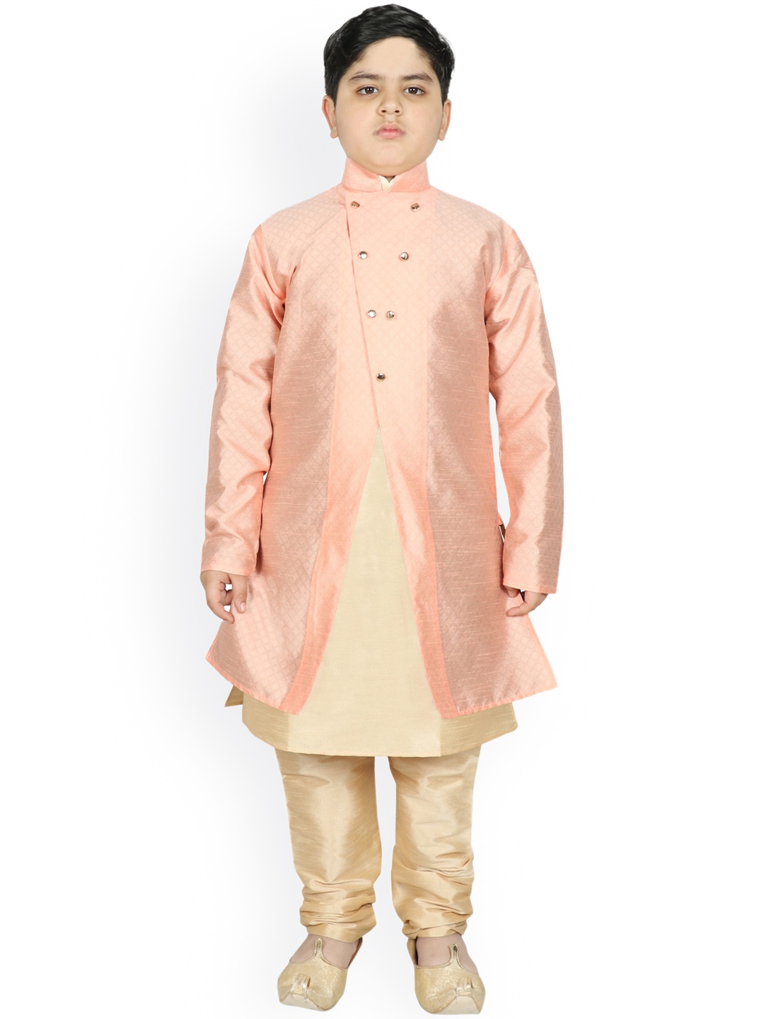 

SG YUVRAJ Boys Cream-Coloured Raw Silk Kurta with Pyjamas & Jacket