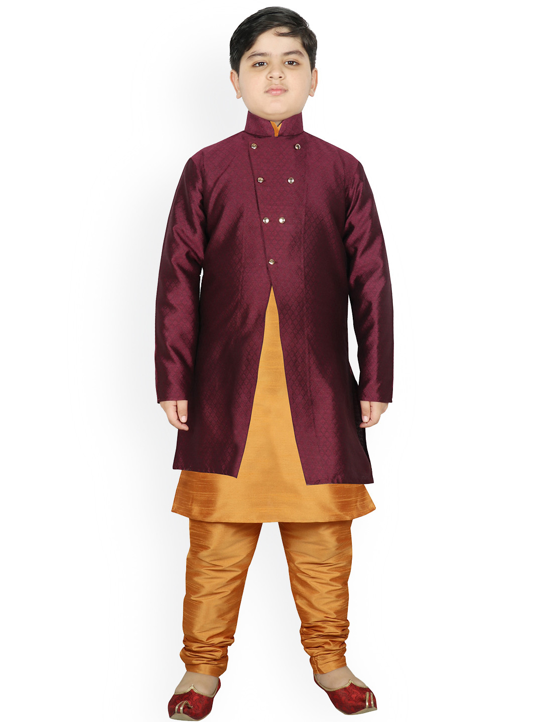 

SG YUVRAJ Boys Gold-Toned Raw Silk Kurta with Pyjamas & Jacket
