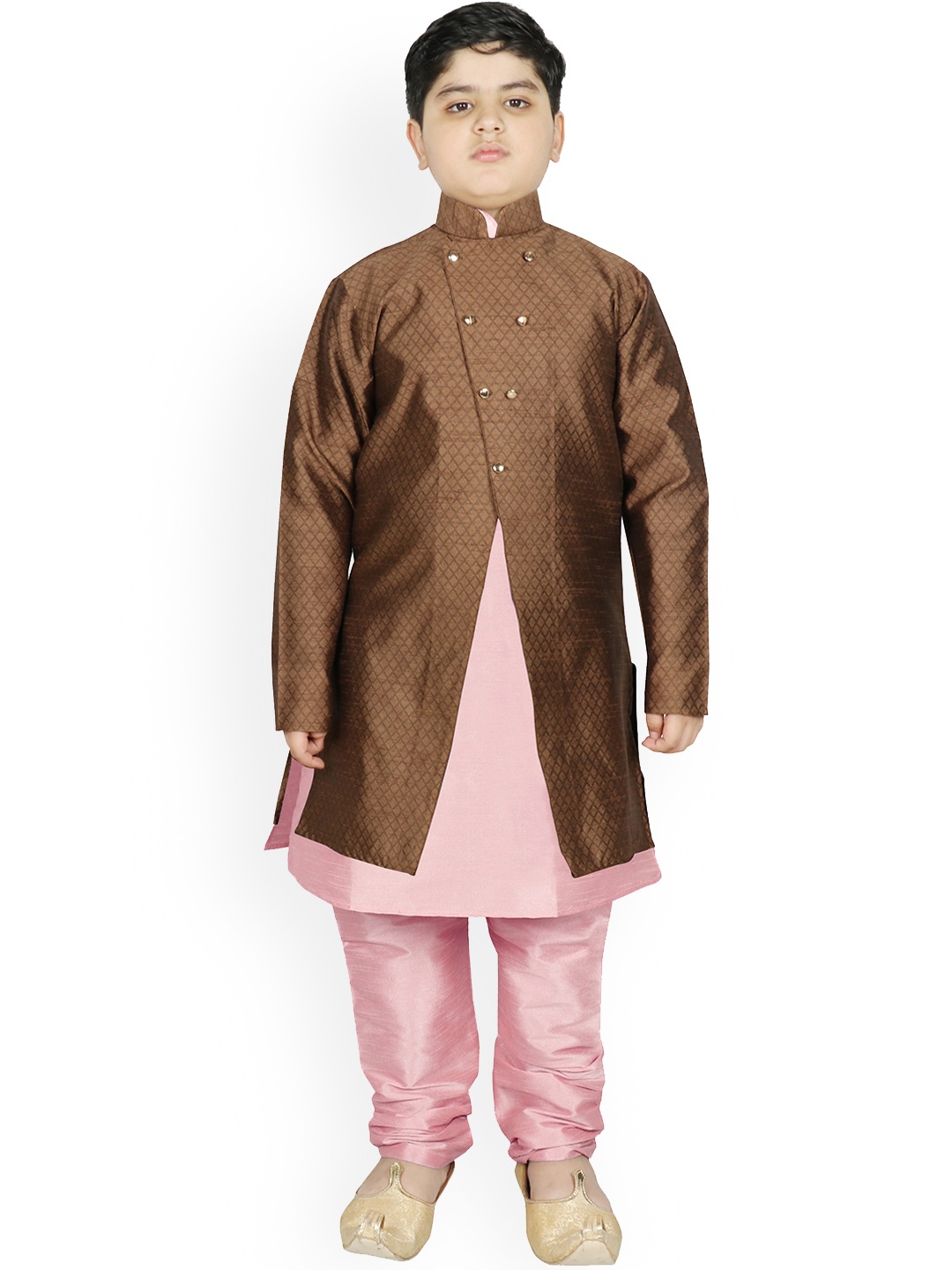 

SG YUVRAJ Boys Brown & Pink Raw Silk Kurta with Churidar