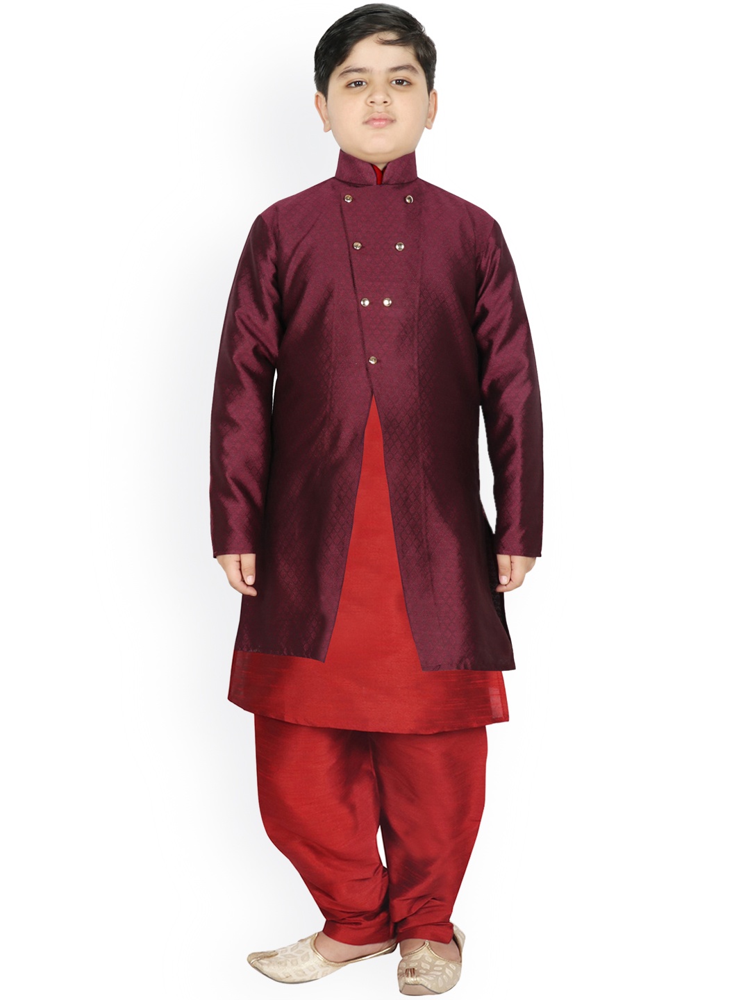 

SG YUVRAJ Boys Burgundy Layered Raw Silk Kurta with Salwar