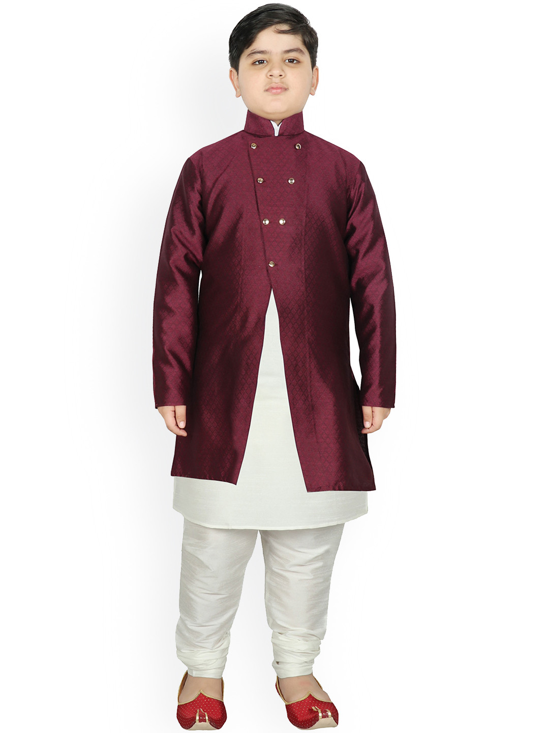 

SG YUVRAJ Boys Burgundy & Off White Raw Silk Kurta with Churidar