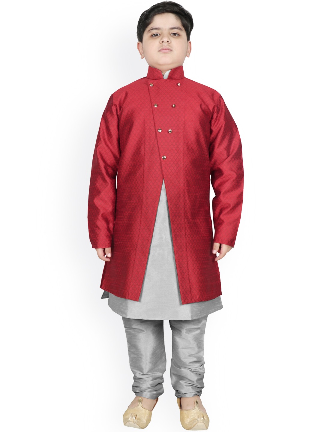 

SG YUVRAJ Boys Maroon & Silver Raw Silk Kurta Pyjama with Jacket