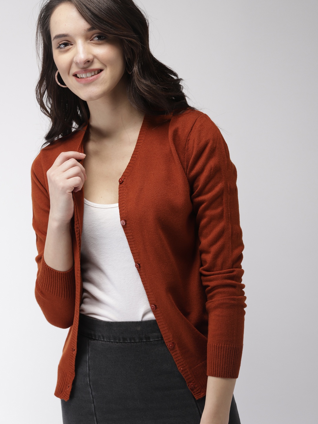 

Mast & Harbour Women Rust Orange Solid Cardigan
