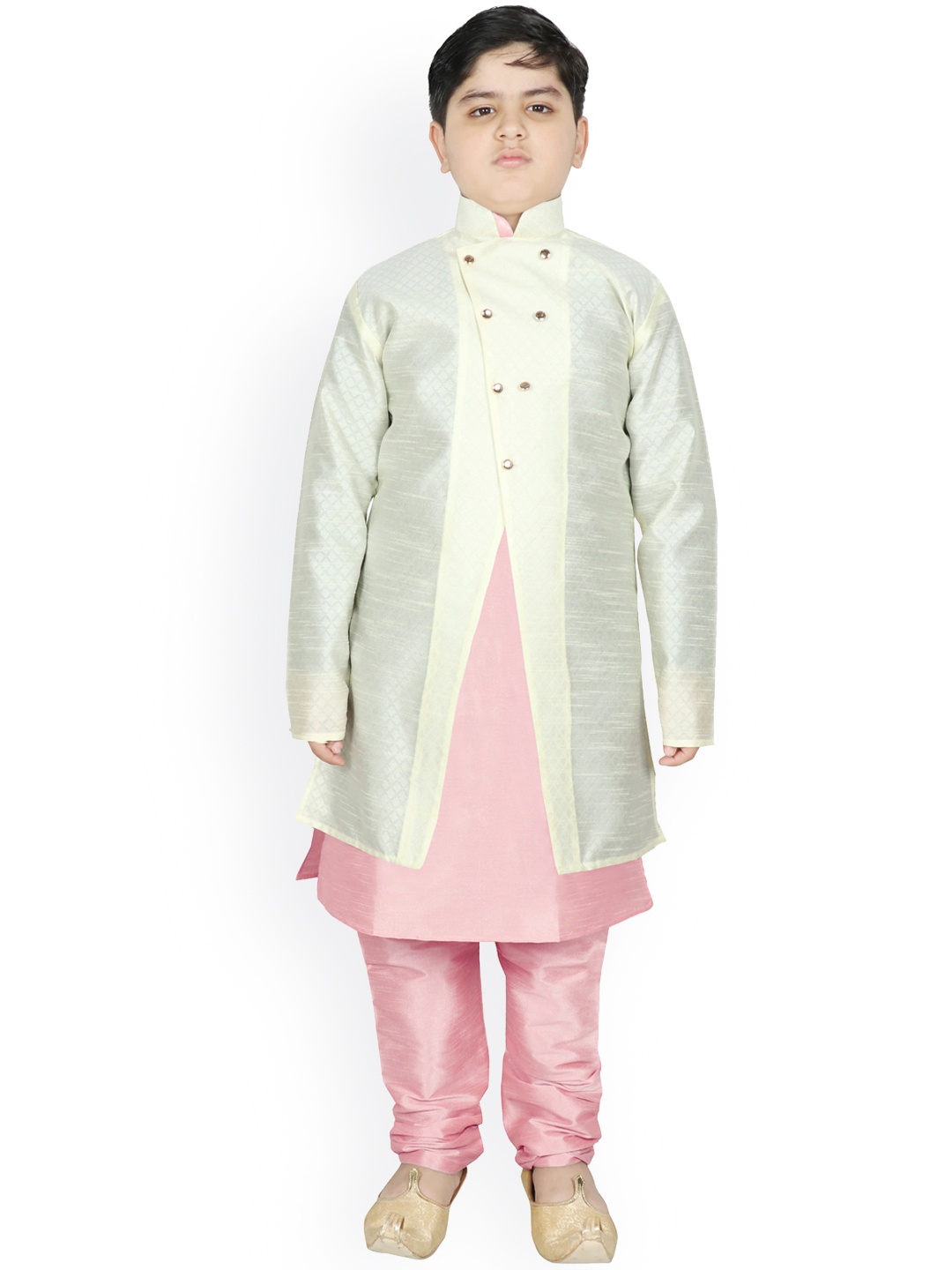 

SG YUVRAJ Boys Pink Raw Silk Kurta with Churidar & Jacket