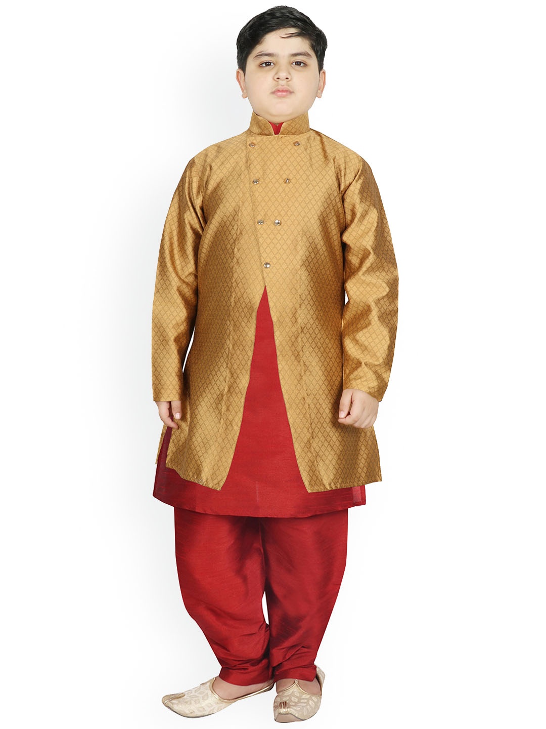 

SG YUVRAJ Boys Gold-Toned & Red Raw Silk Kurta Pyjama with Jacket