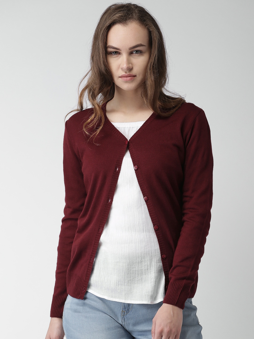 

Mast & Harbour Women Burgundy Solid Cardigan