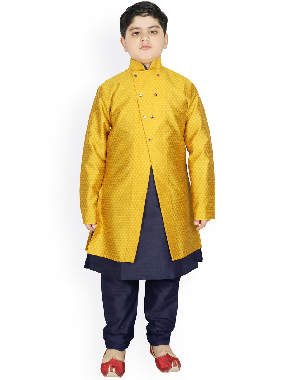 

SG YUVRAJ Boys Yellow & Navy Blue Raw Silk Kurta Pyjama with Jacket