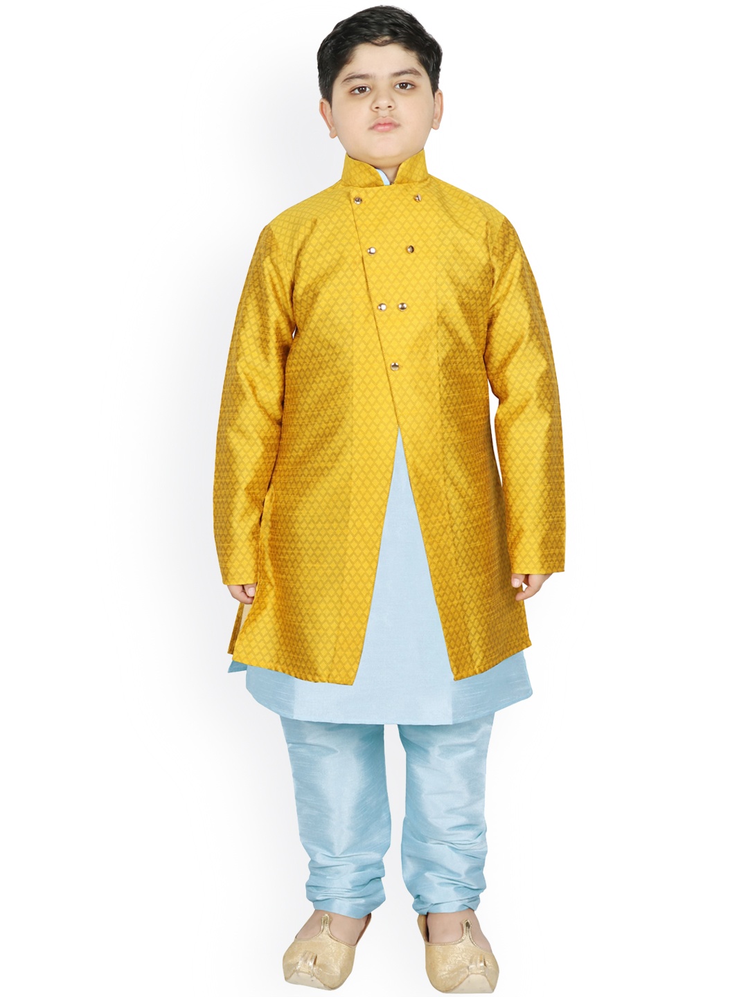 

SG YUVRAJ Boys Yellow & Blue Raw Silk Kurta Pyjama with Jacket