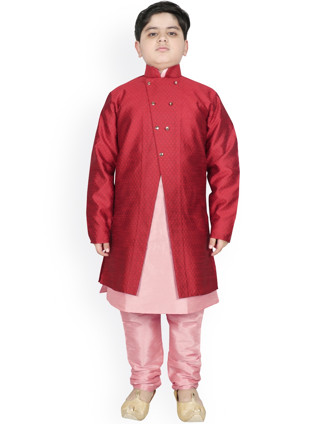 

SG YUVRAJ Boys Maroon & Pink Raw Silk Kurta Pyjama with Jacket