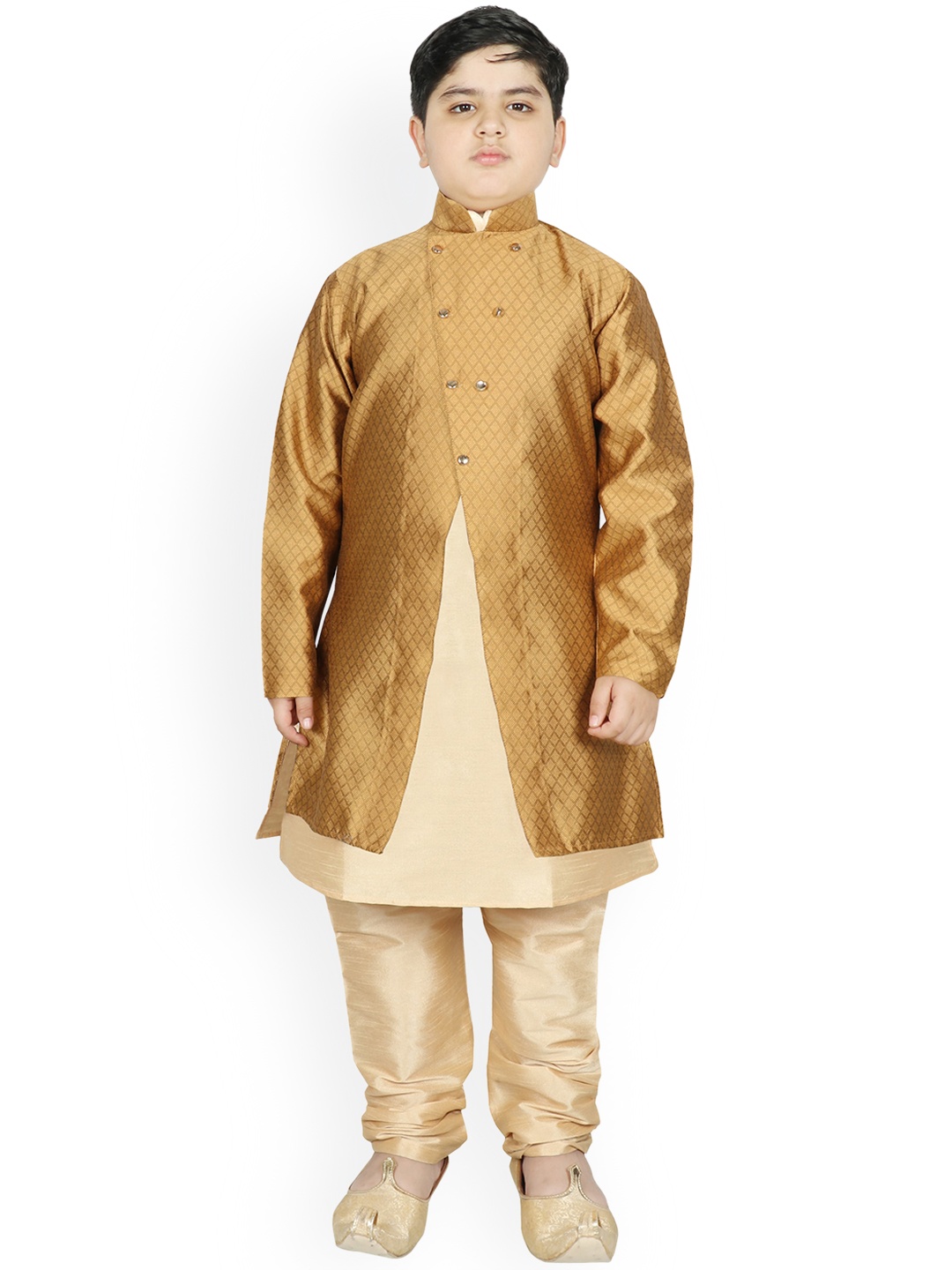

SG YUVRAJ Boys Gold-Toned Layered Raw Silk Kurta with Pyjamas