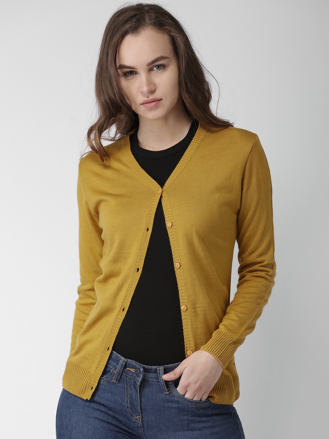 

Mast & Harbour Women Mustard Yellow Solid Cardigan