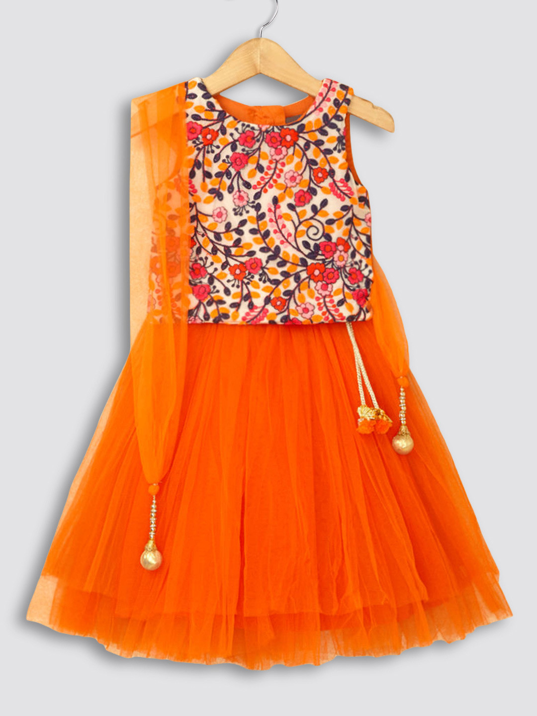 

Hopscotch Girls Orange & Cream-Coloured Printed Ready to Wear Lehenga & Blouse With Dupatta