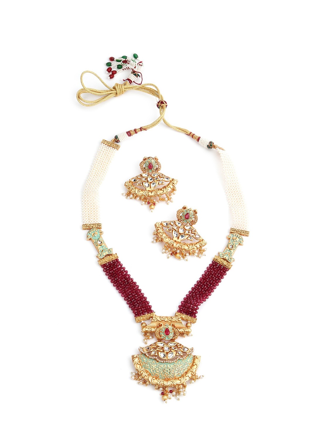 

ODETTE Gold-Toned & Red Pearl & Kundan Studded Jewellery Set