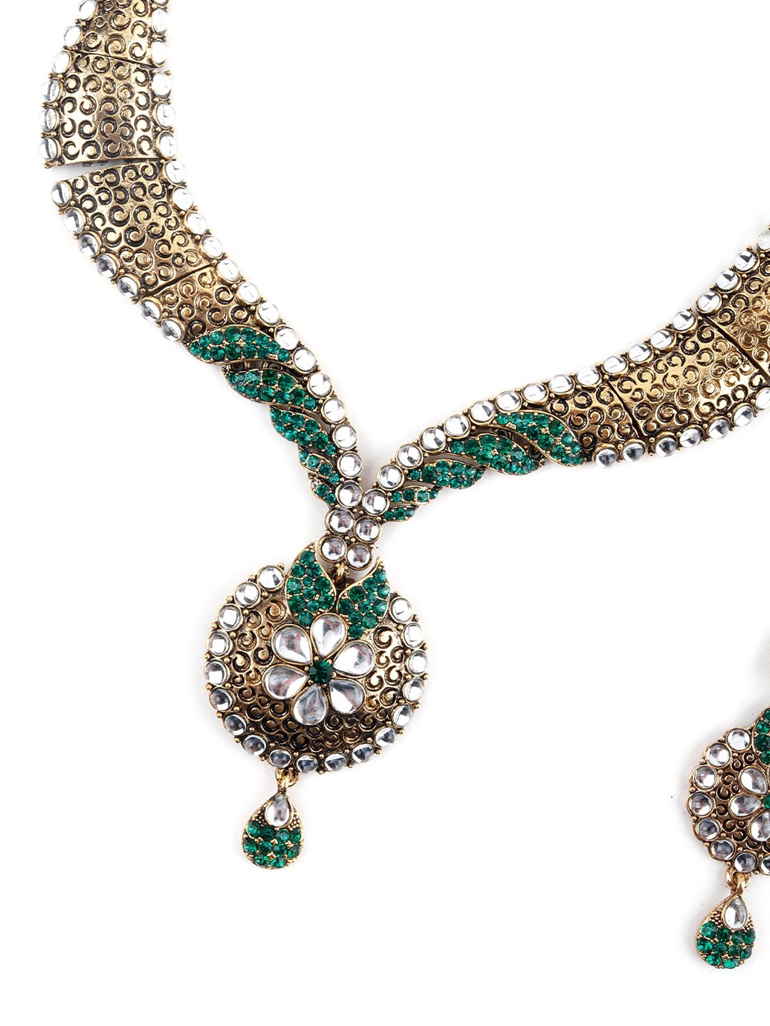 

ODETTE Gold-Toned White & Green Stone-Studded Jewellery Set