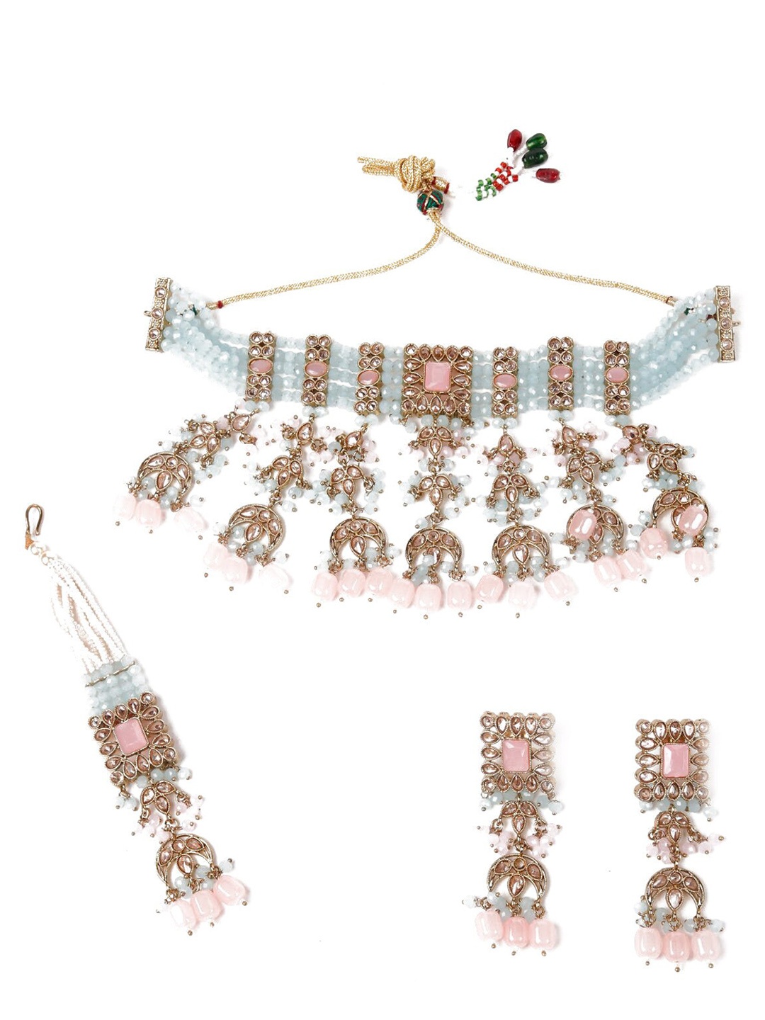 

ODETTE Gold-Toned Pink & Blue Stone-Studded & Pearl Beaded Jewellery Set