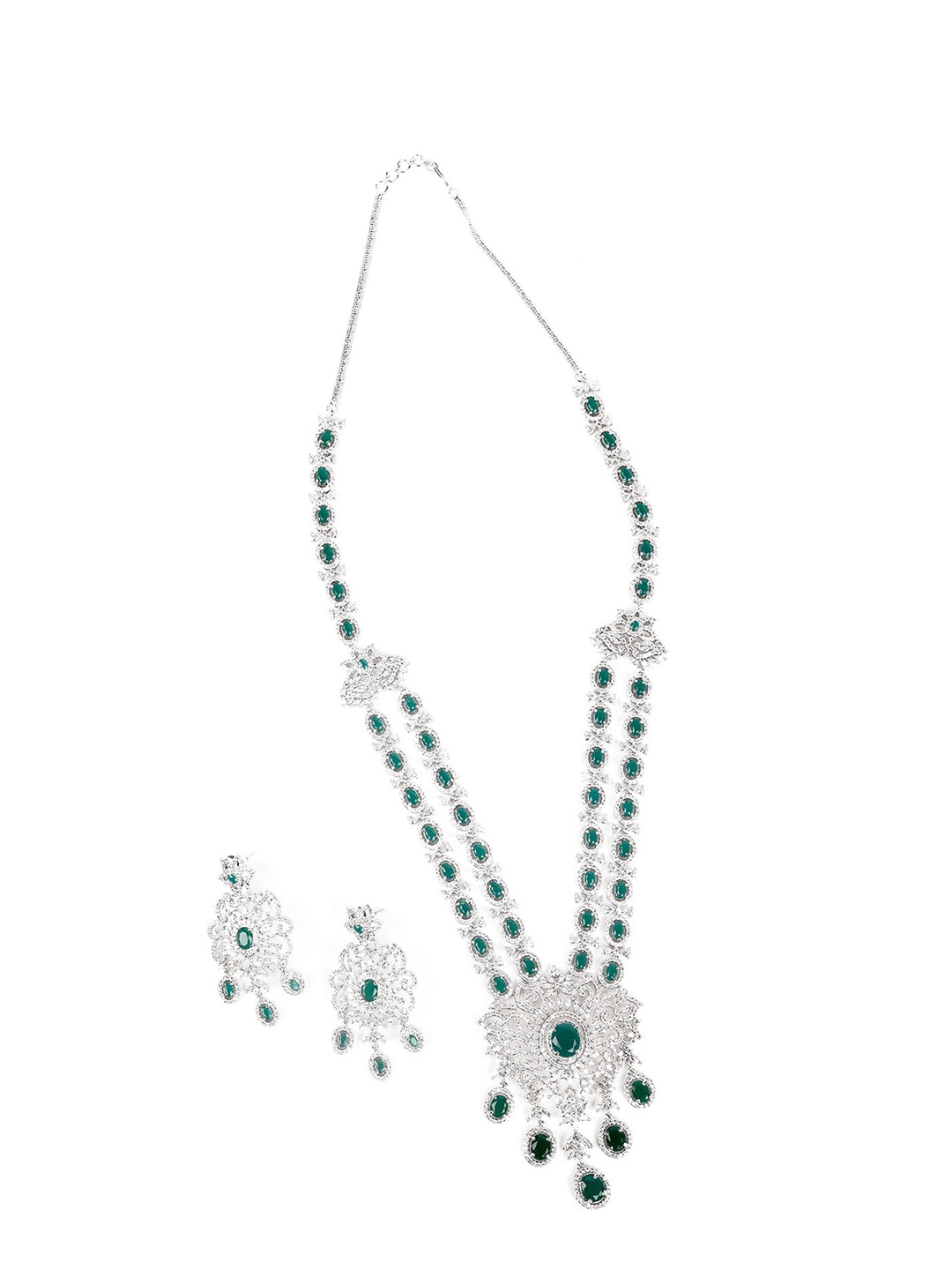 

ODETTE Silver-Toned Green & White Stone Studded Jewellery Set