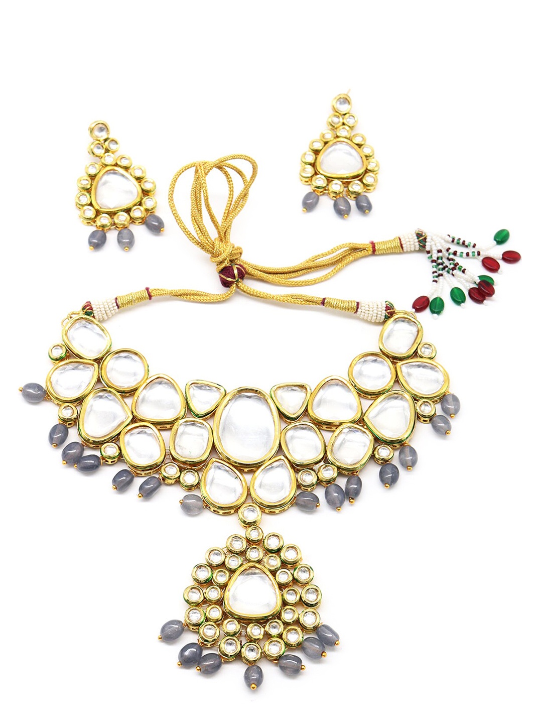 

ODETTE Gold-Toned Grey & White Kundan-Studded Beaded Handcrafted Jewellery Set