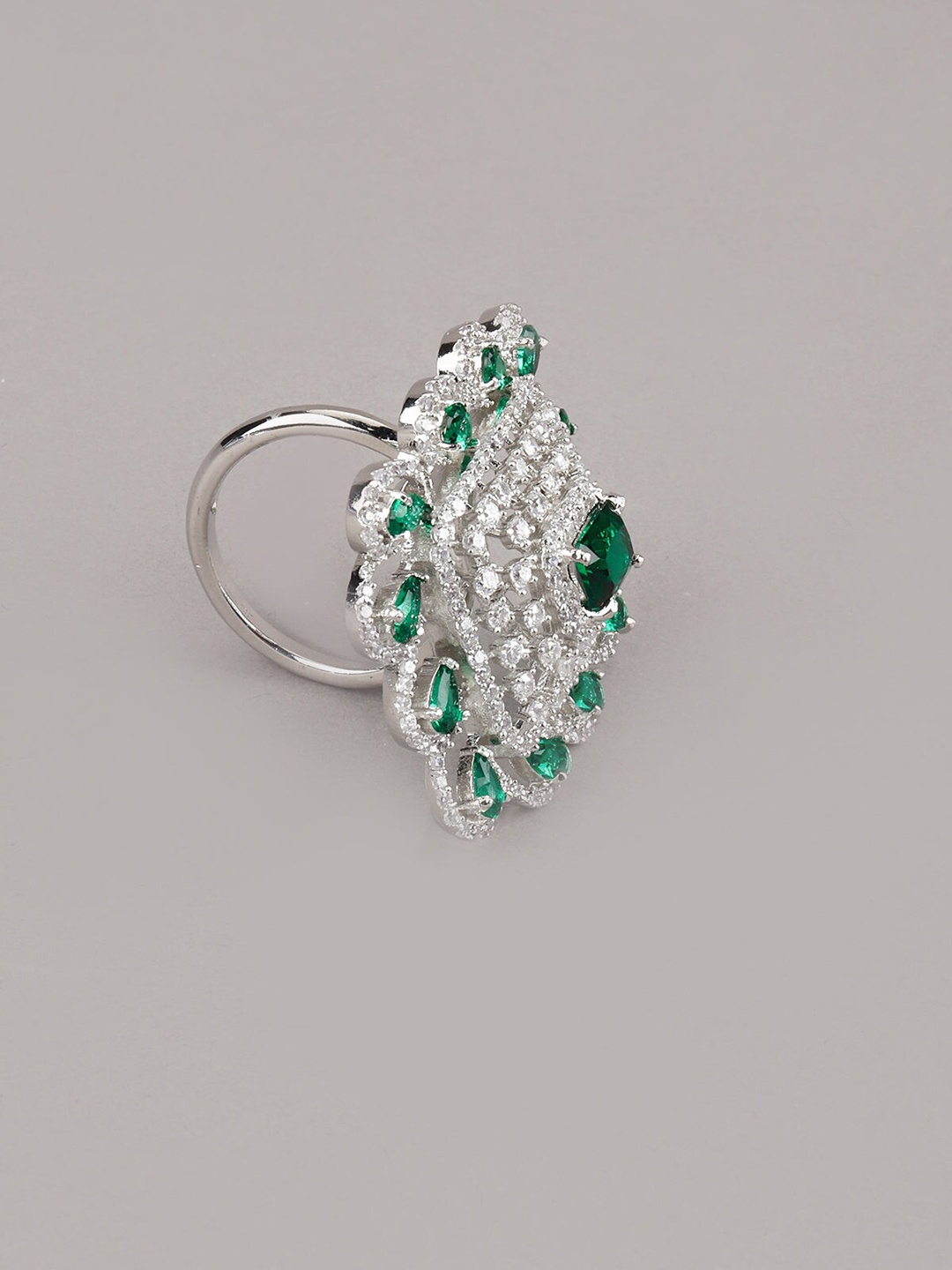 

ODETTE Silver-Toned Green & White Stone Studded Finger Ring
