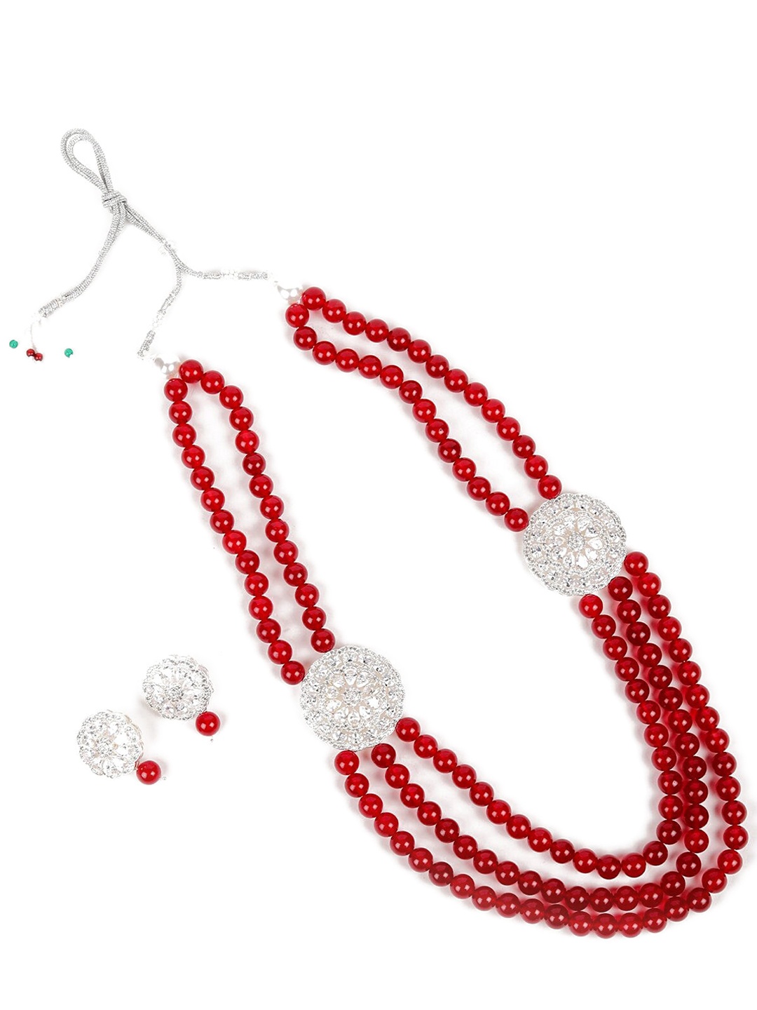 

ODETTE Silver-Toned Red Stone-Studded & Pearl Beaded Jewellery Set