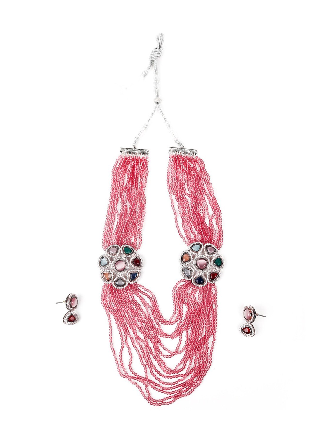 

ODETTE Silver-Toned Pink Stone-Studded & Pearl Beaded Jewellery Set