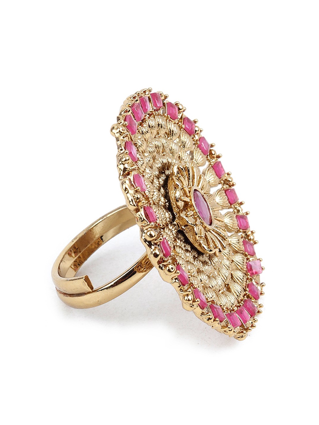 

ODETTE Gold-Toned & Pink Rhinestone Studded Finger Ring