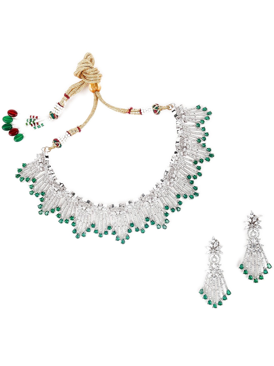 

ODETTE Women Silver-Toned & Green Studded Jewellery Set