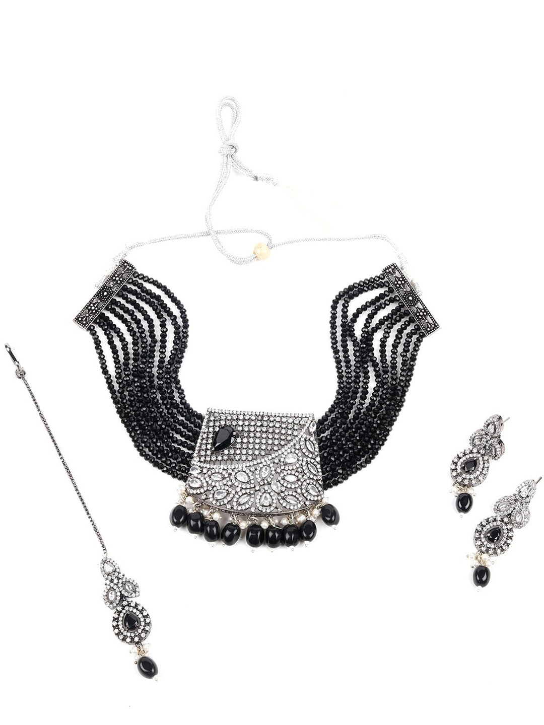 

ODETTE Silver-Toned Black Stone-Studded & Beaded Jewellery Set