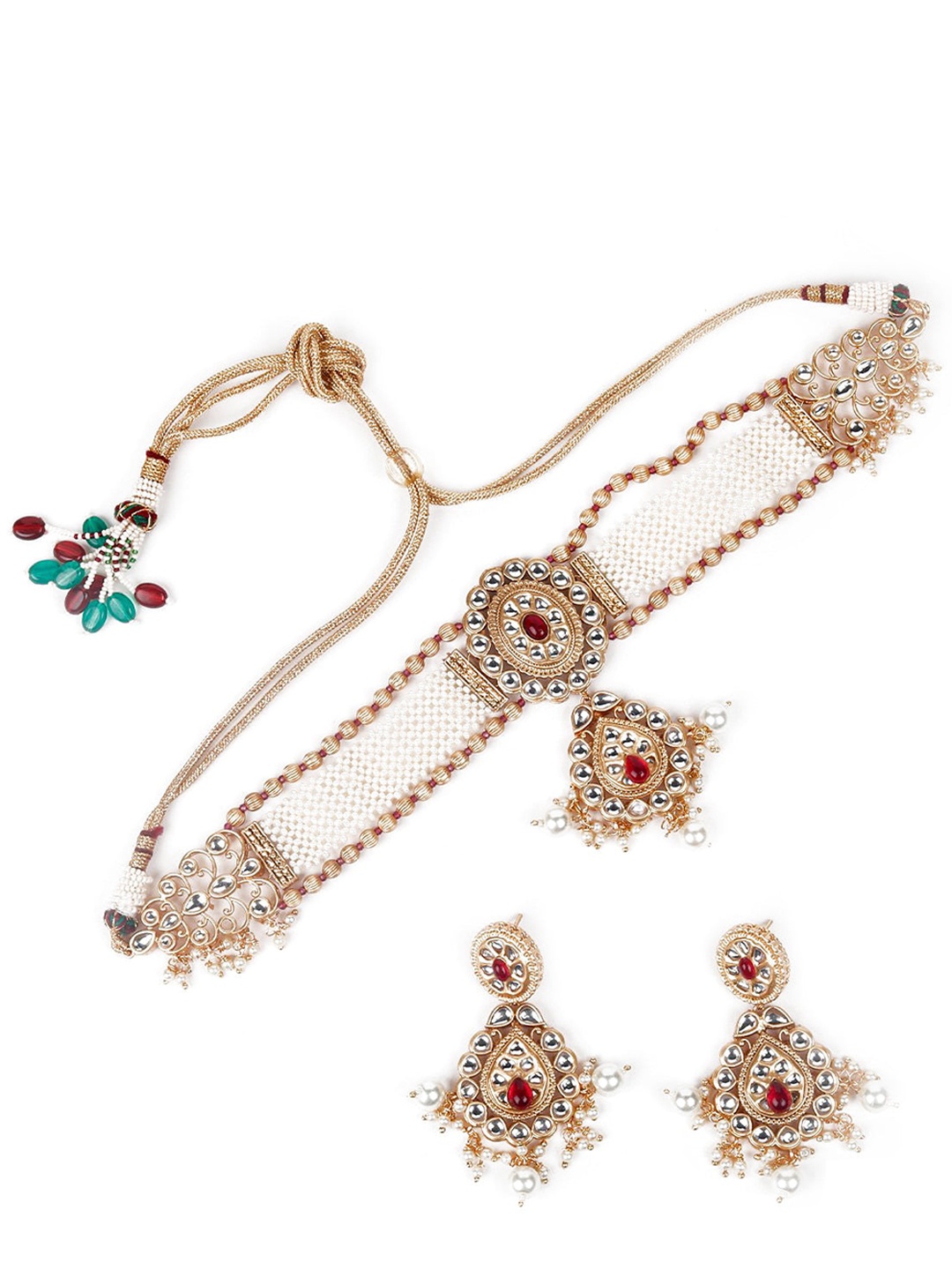 

ODETTE Gold-Toned White & Red Kundan Studded & Pearl Beaded Jewellery Set