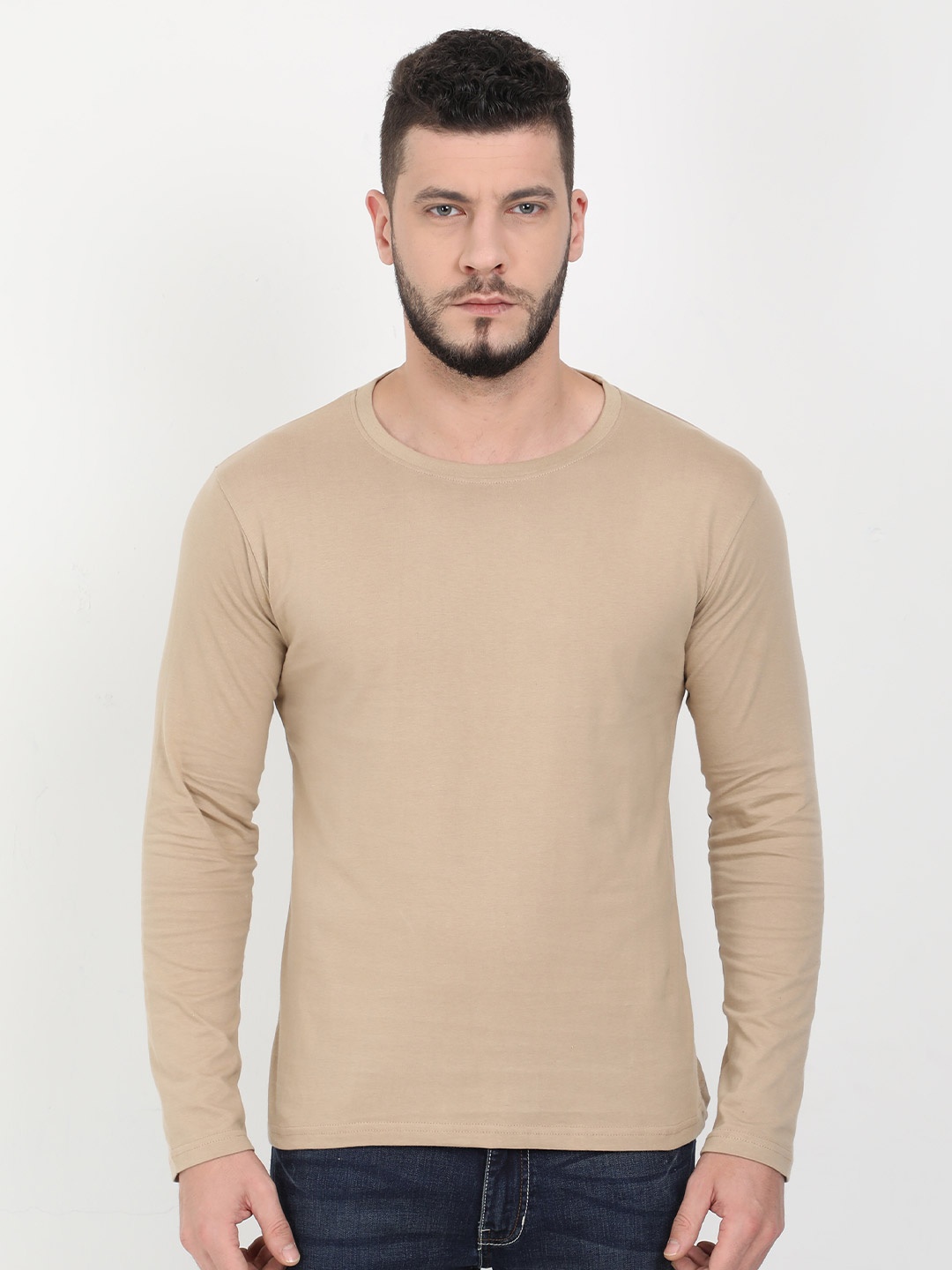 

Fleximaa Men Beige V-Neck Raw Edge T-shirt