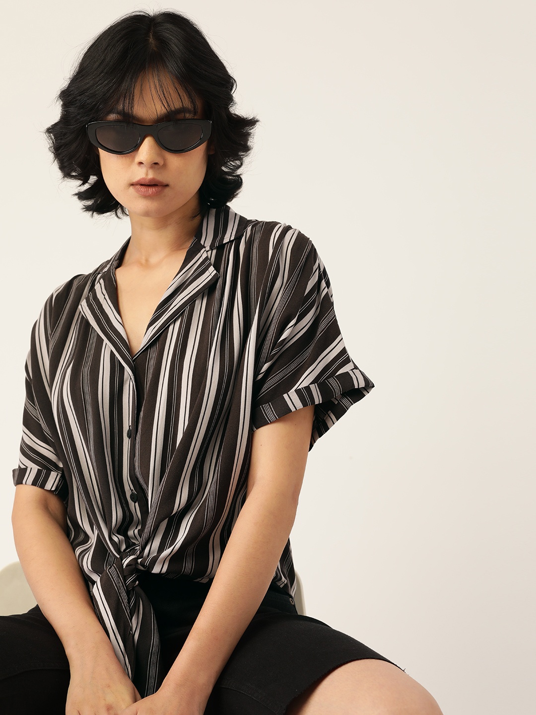 

Kook N Keech Women Black & Grey Striped Casual Tie-Up Shirt