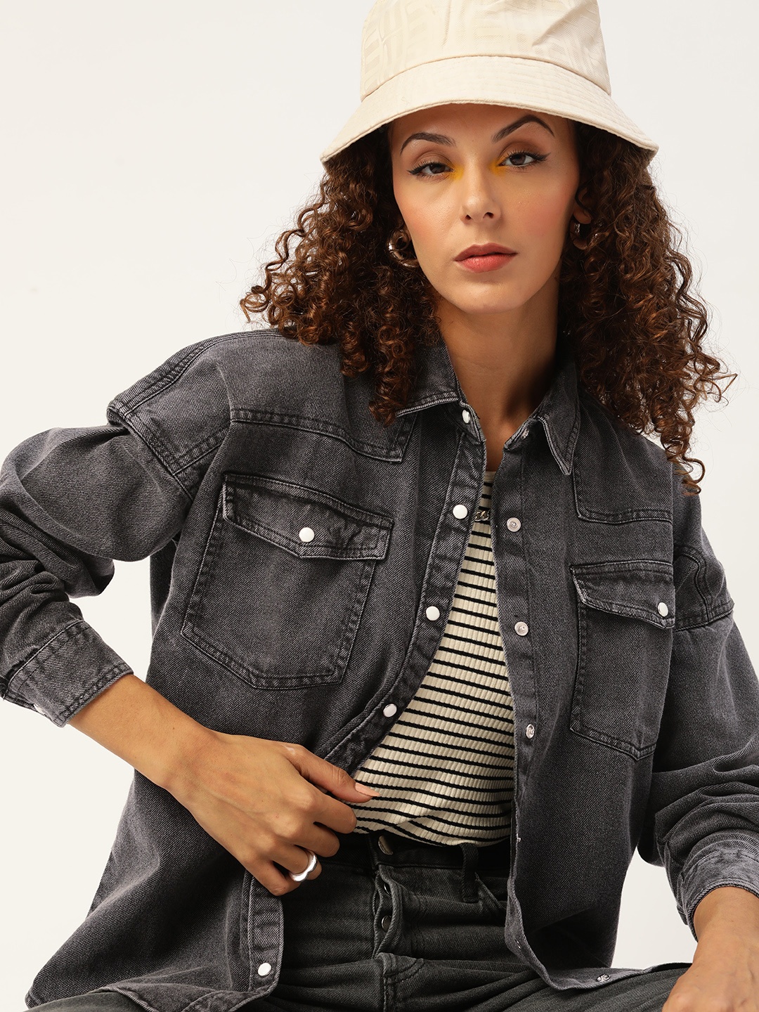 

Kook N Keech Women Charcoal Grey Pure Cotton Casual Shacket
