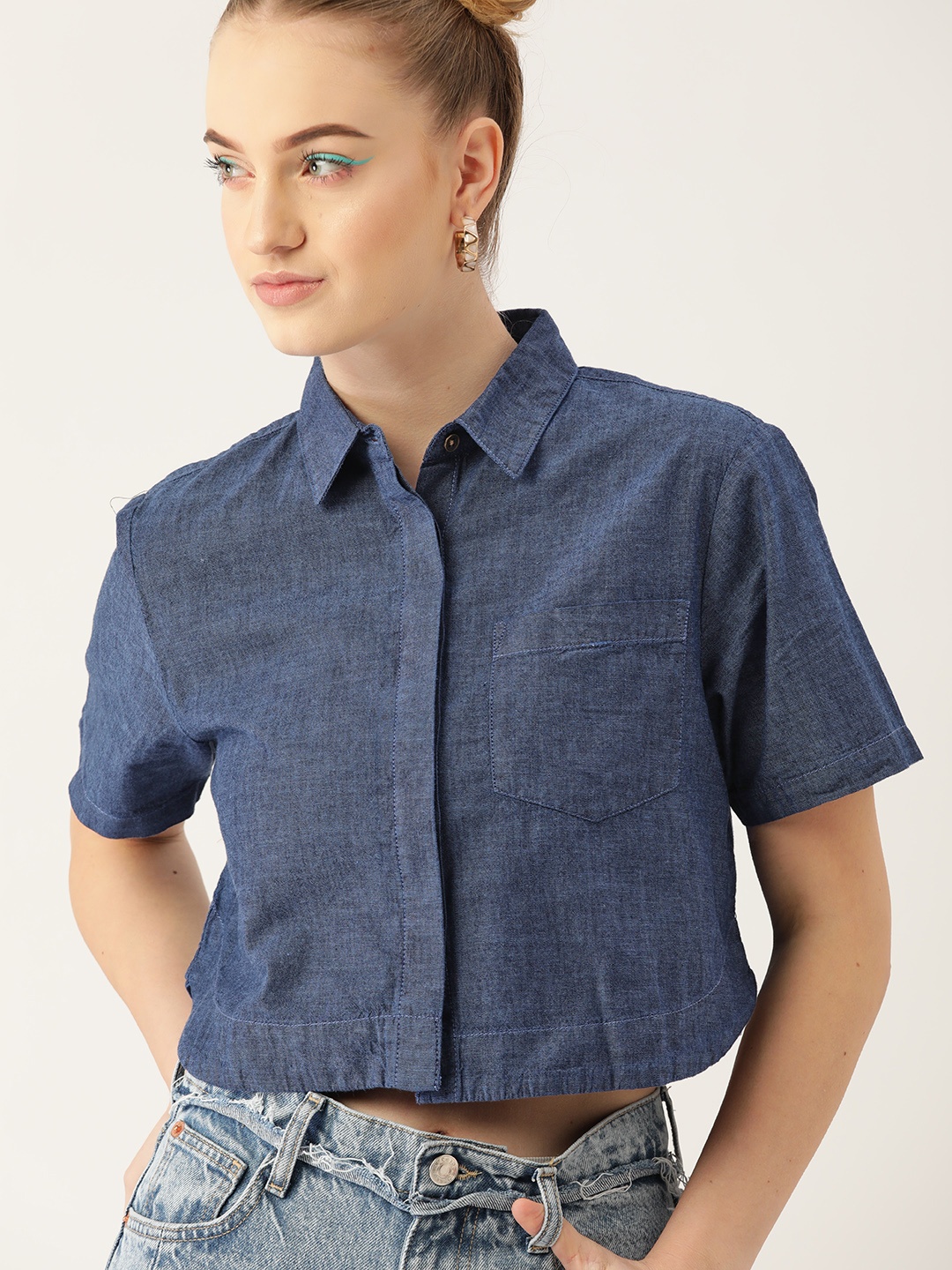 

Kook N Keech Women Navy Blue Pure Cotton Chambray Boxy Casual Shirt