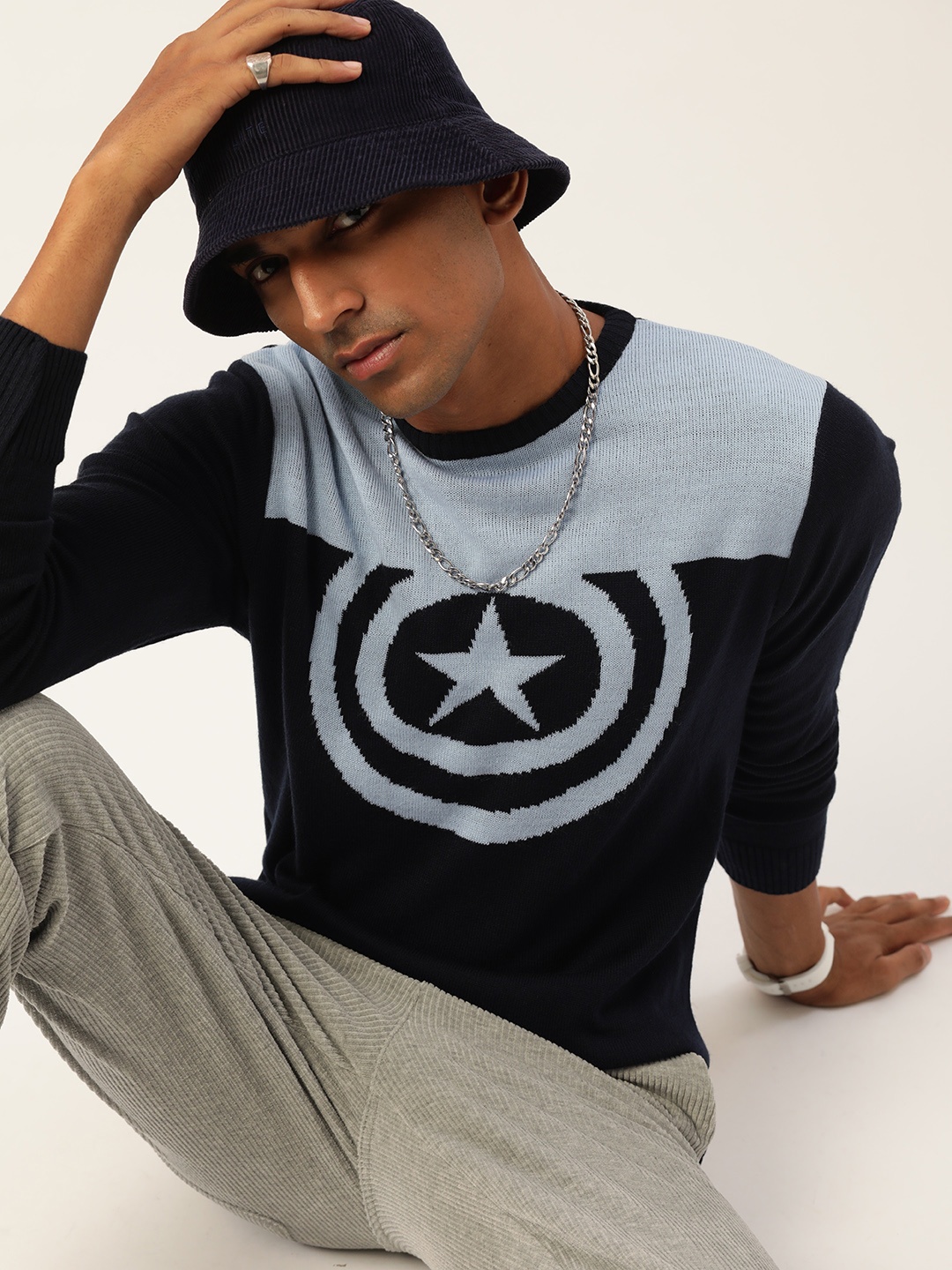 

Kook N Keech Marvel Men Navy Blue Marvel Acrylic Sweater