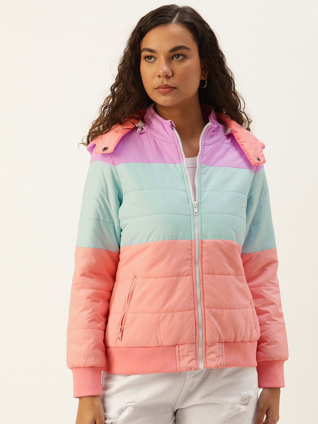 

Kook N Keech Women Colourblocked Hooded Bomber Jacket, Lavender