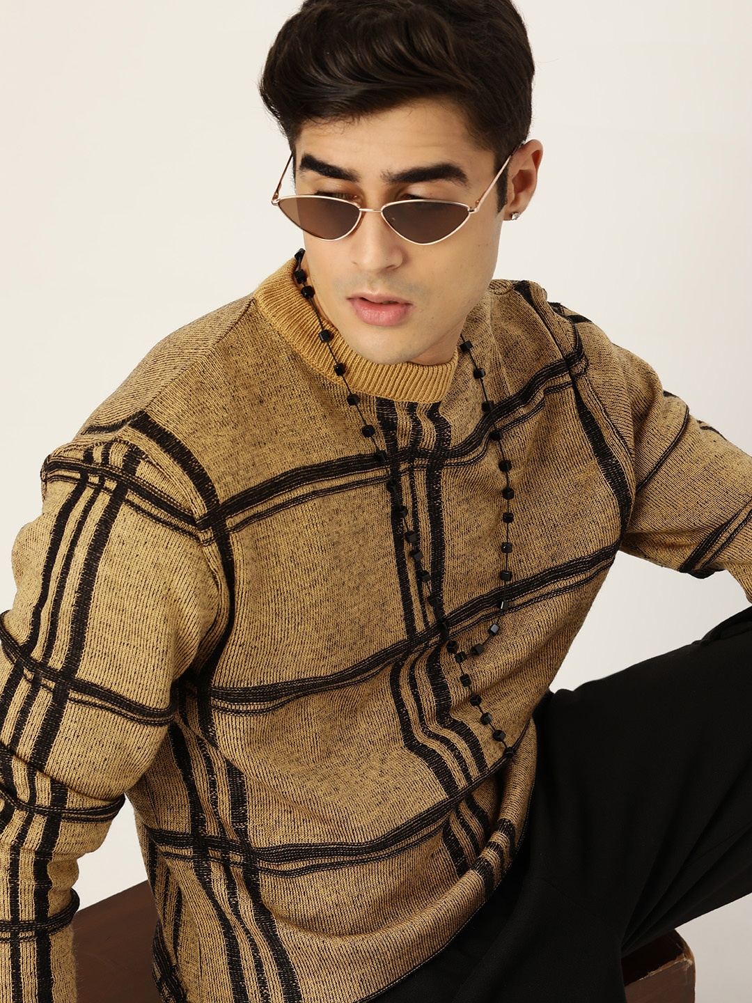 

Kook N Keech Men Khaki & Black Checked Pullover