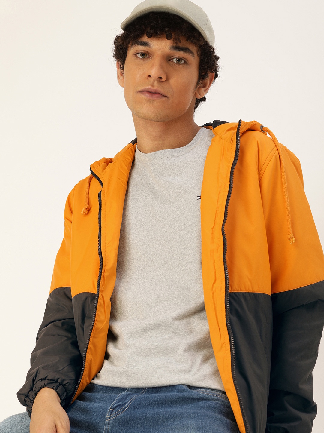 

Kook N Keech Men Mustard And Grey Colourblocked Hooded Puffer Jacket