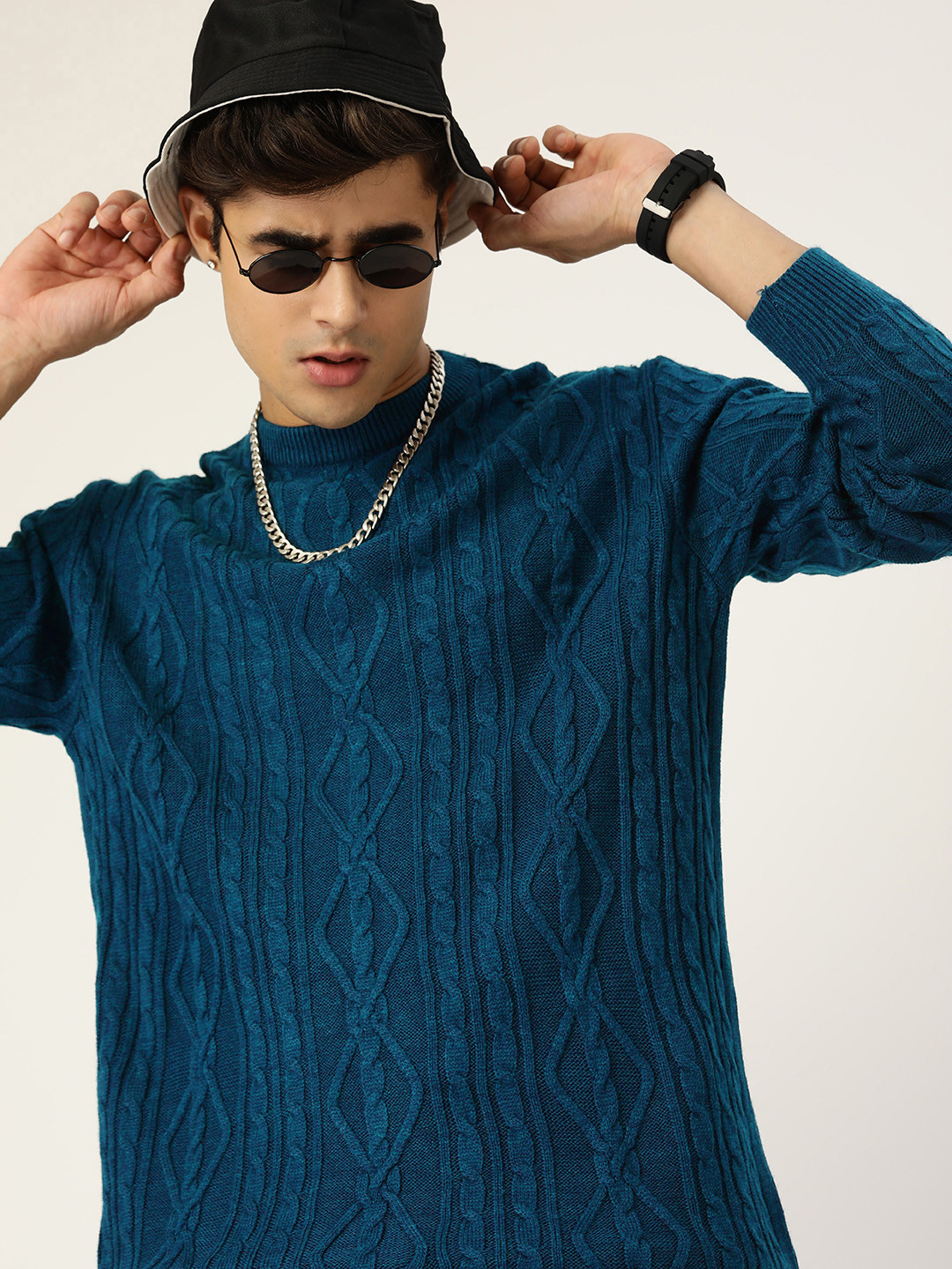 

Kook N Keech Men Teal Cable Knit Pullover