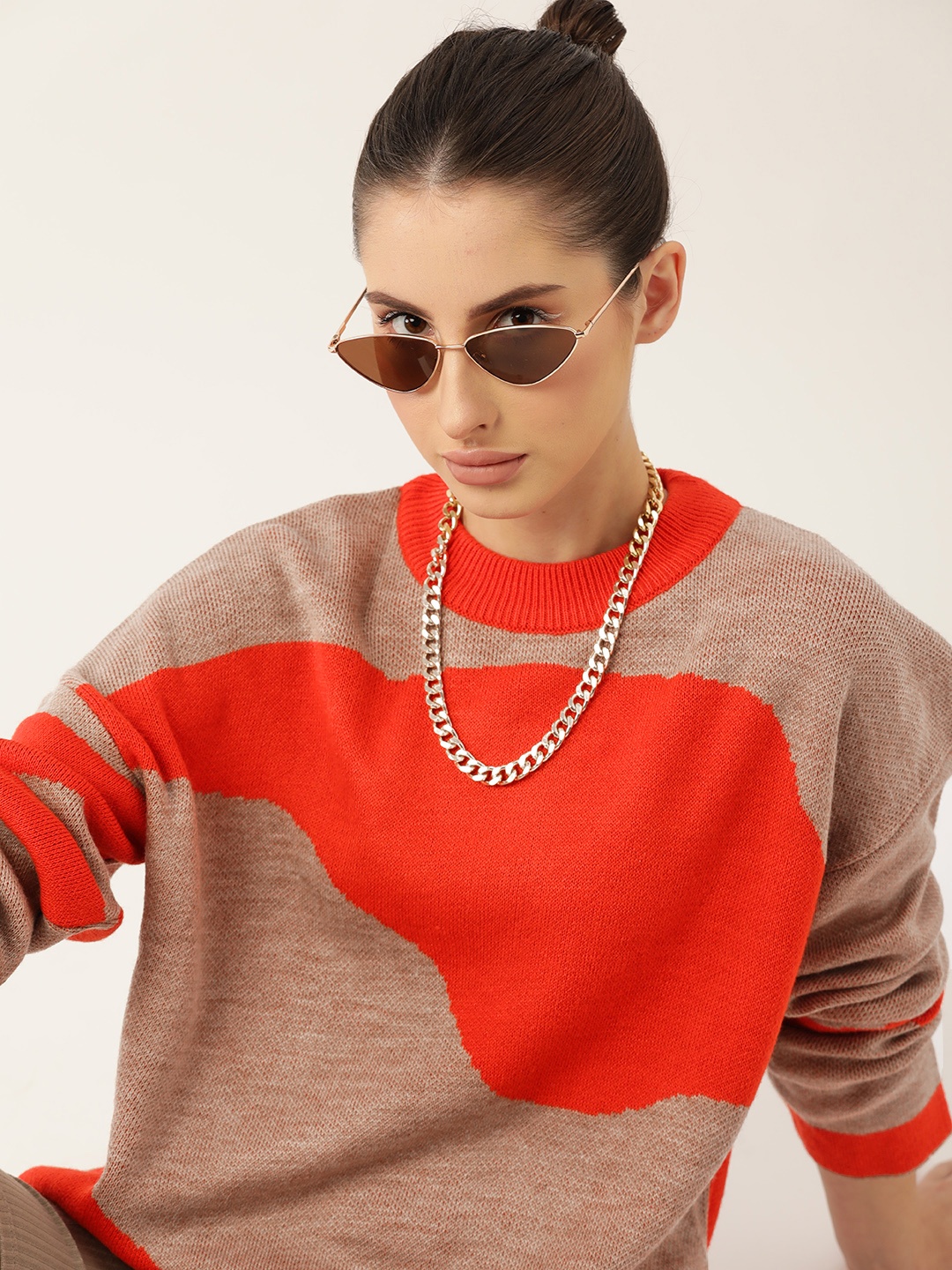 

Kook N Keech Women Orange & Beige Colourblocked Pullover