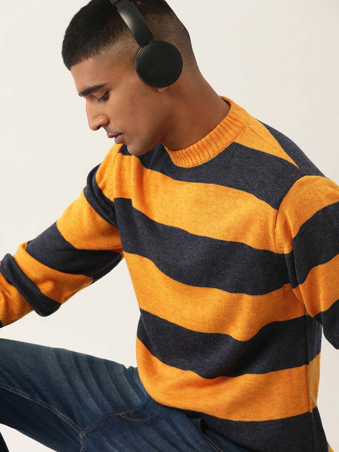 

Kook N Keech Men Yellow & Navy Blue Striped Pullover