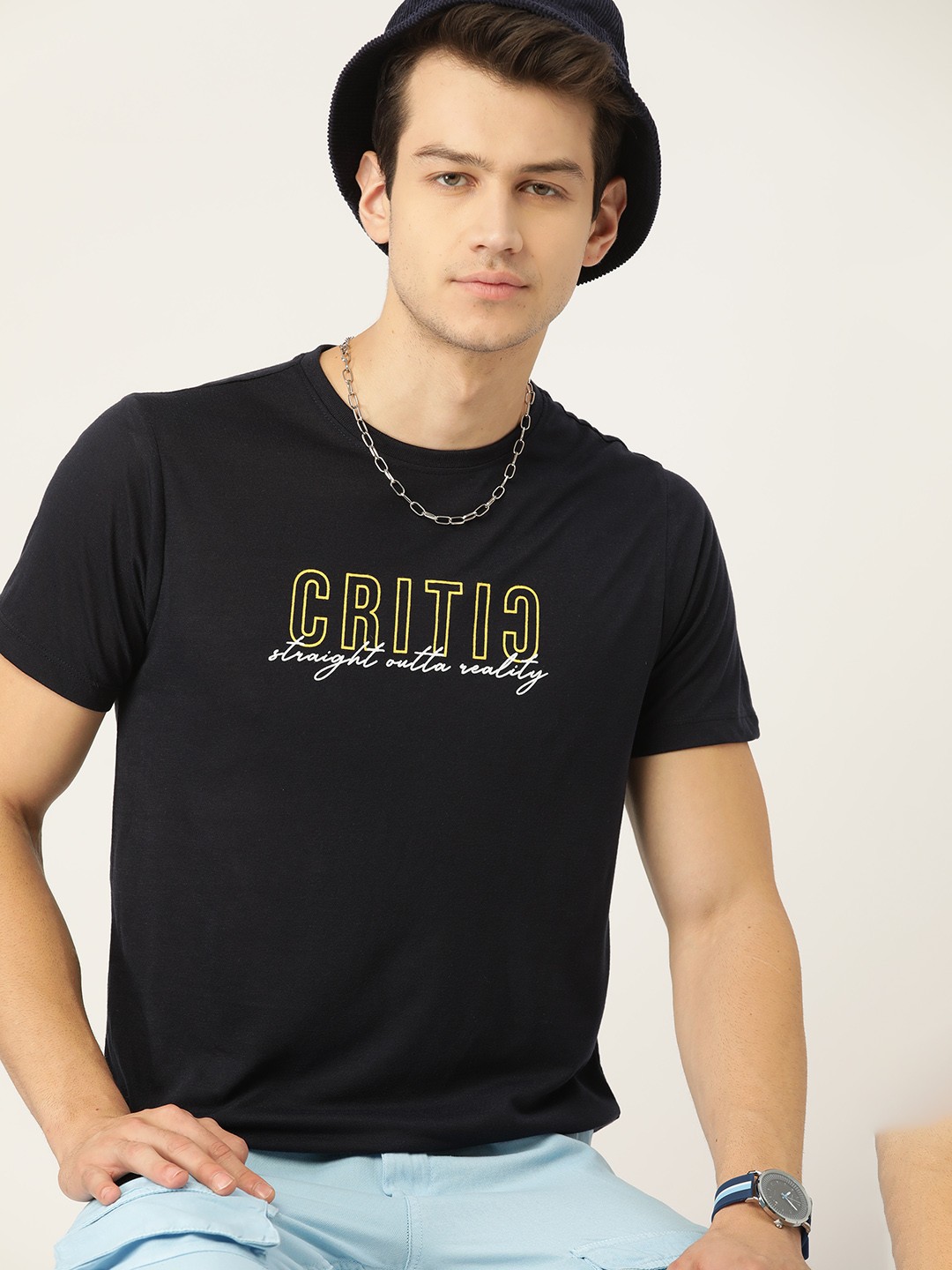 

Kook N Keech Men Navy Blue & Yellow Printed Pure Cotton T-shirt