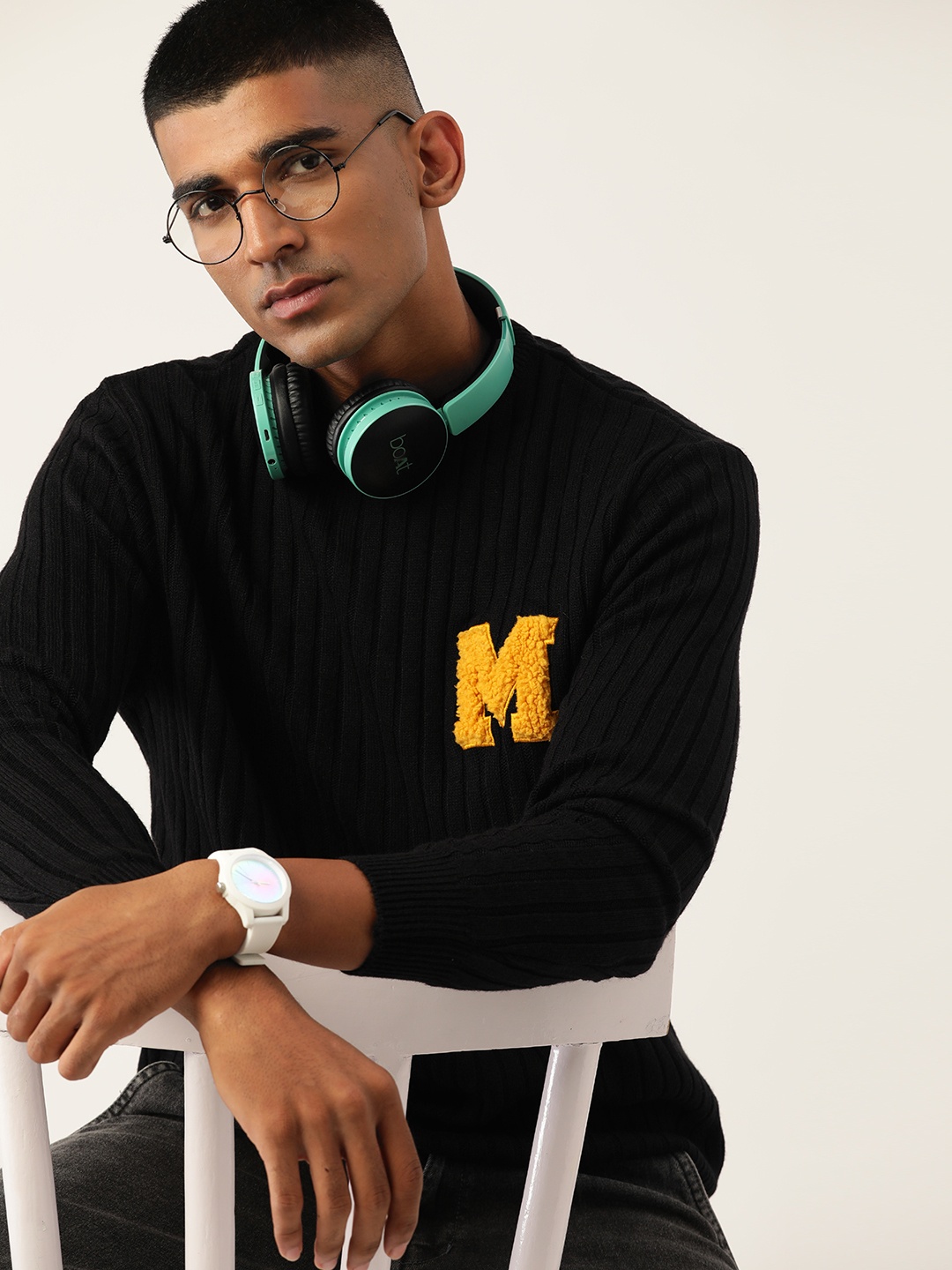 

Kook N Keech Men Black Ribbed Pullover with Applique Detail