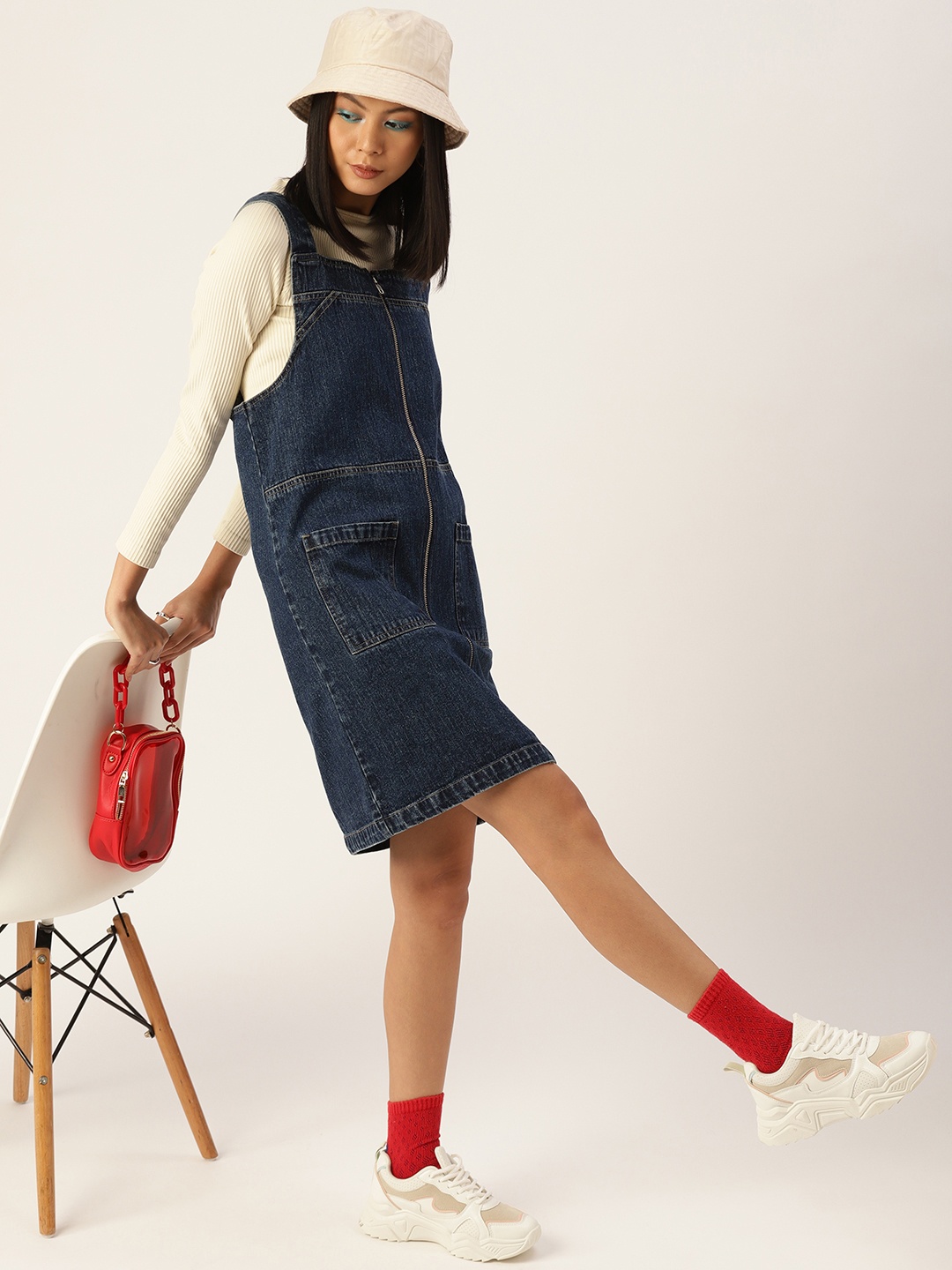 

Kook N Keech Navy Blue Pure Cotton Denim Pinafore Dress