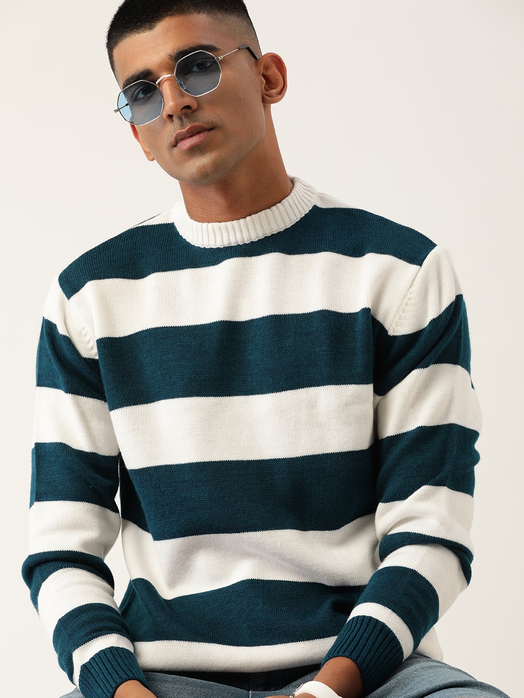 

Kook N Keech Men White & Teal Blue Striped Pullover