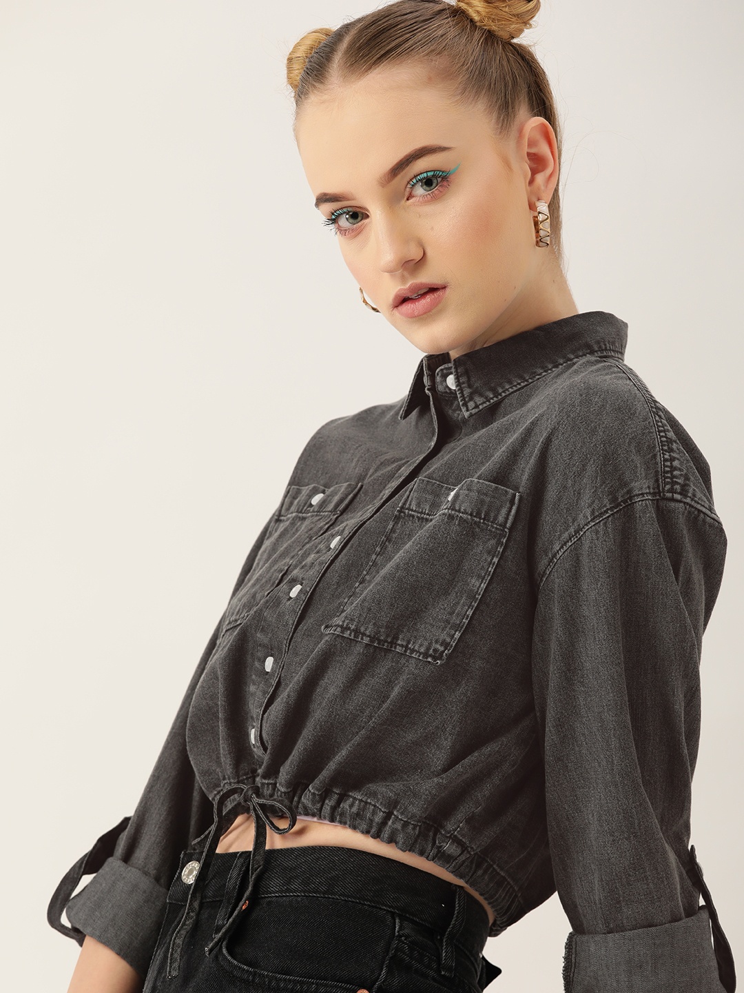 

Kook N Keech Women Charcoal Grey Pure Cotton Crop Shirt