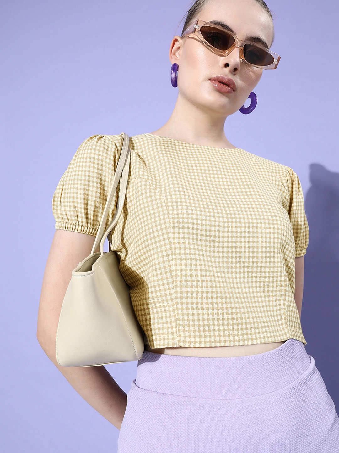 

Kook N Keech Round Neck Puff Sleeves Checked Crop Top, Beige