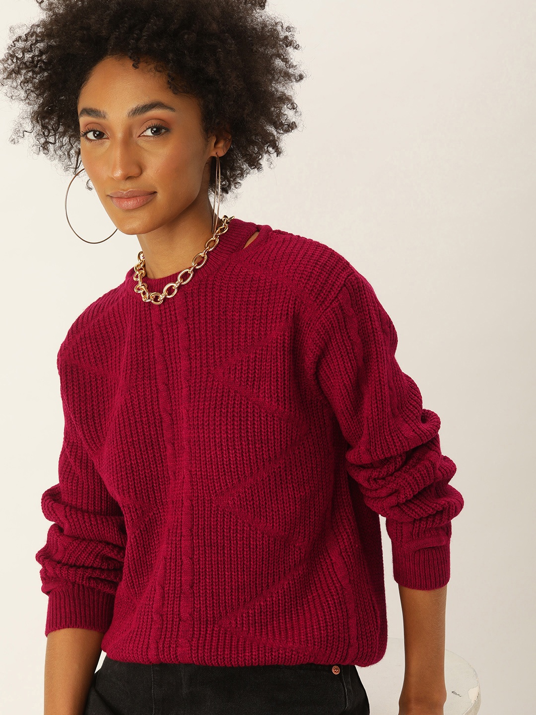 

Kook N Keech Women Magenta Cable Knit Pullover Sweater