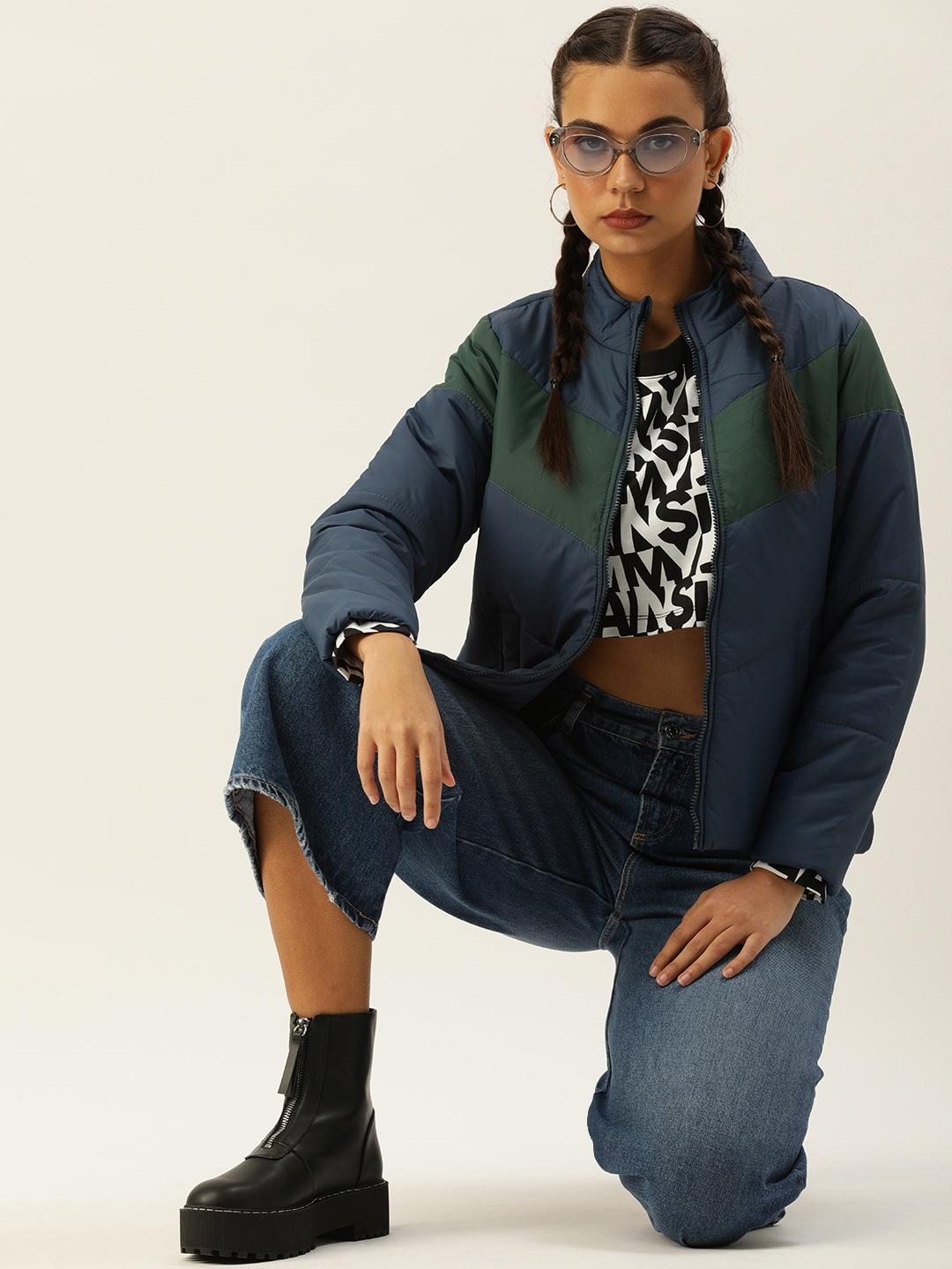 

Kook N Keech Women Navy Blue & Green Colourblocked Padded Jacket