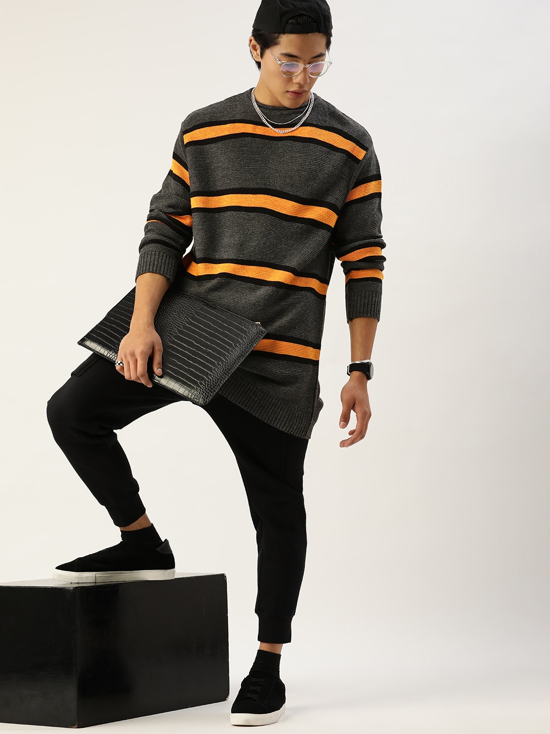 

Kook N Keech Men Charcoal & Yellow Colourblocked Striped Pullover