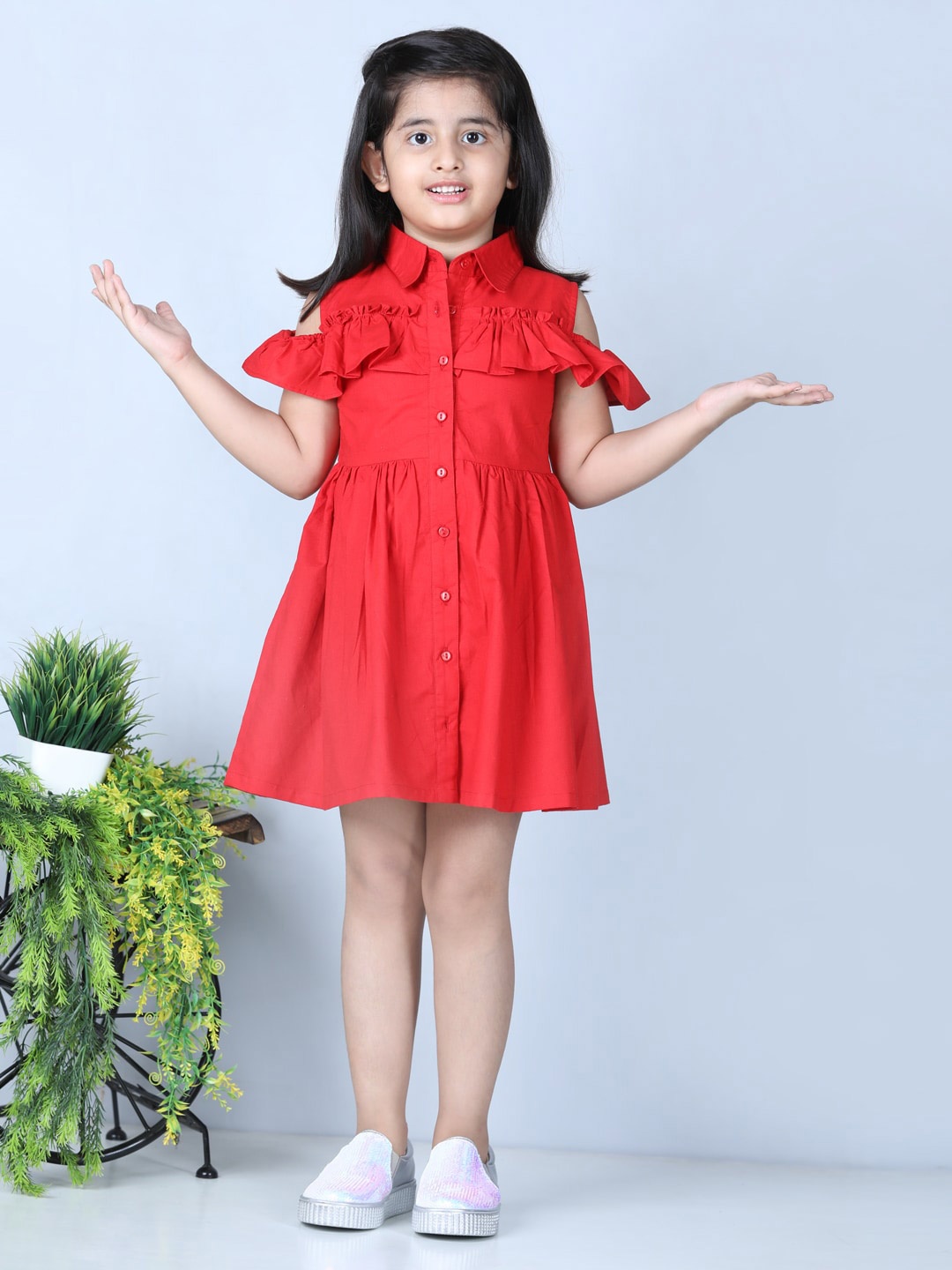 

AWW HUNNIE Girls Red Cold-Shoulder Shirt Dress