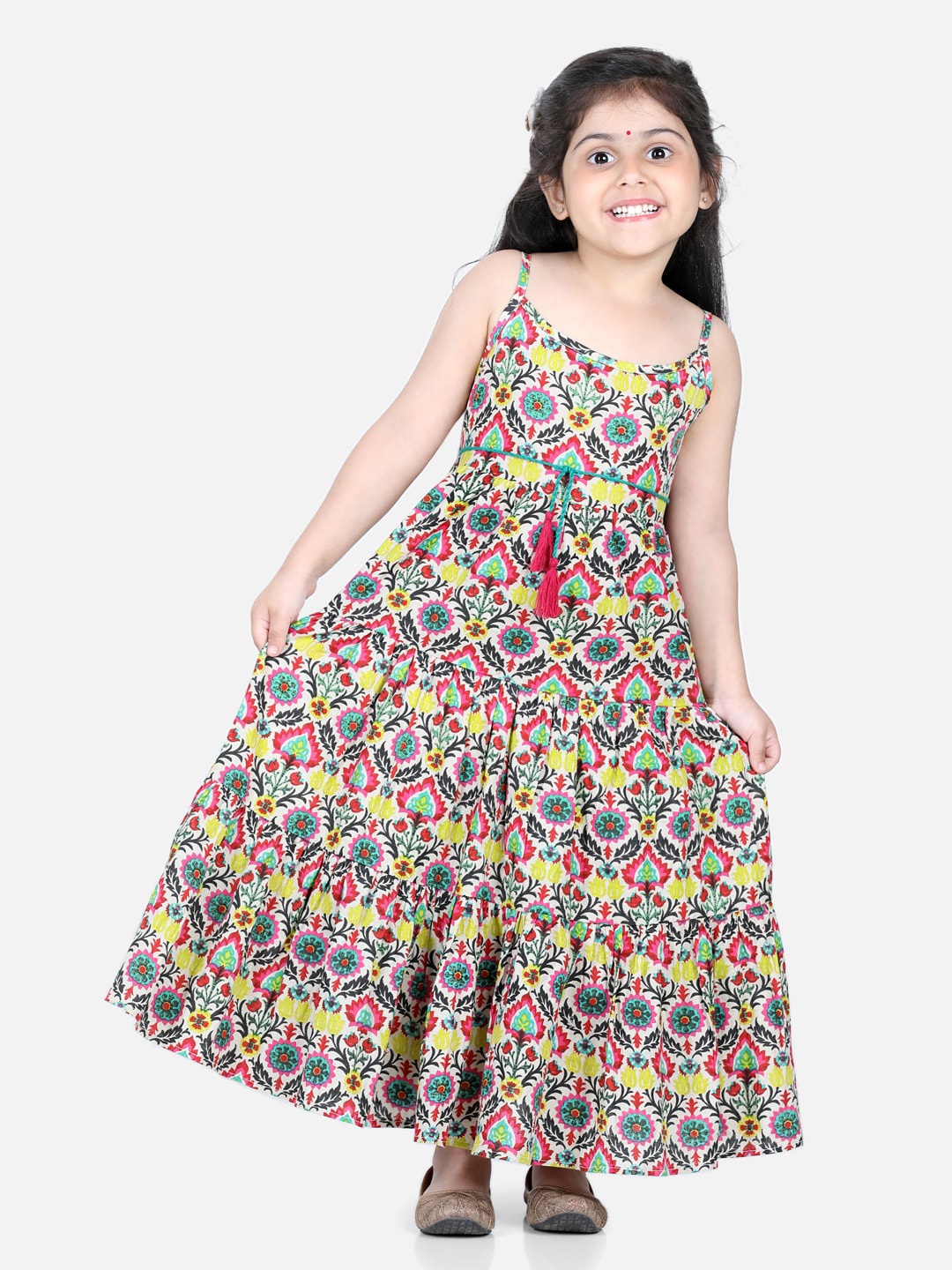 

AWW HUNNIE Girls Multicoloured Floral Cotton Shoulder Straps Maxi Dress, Multi